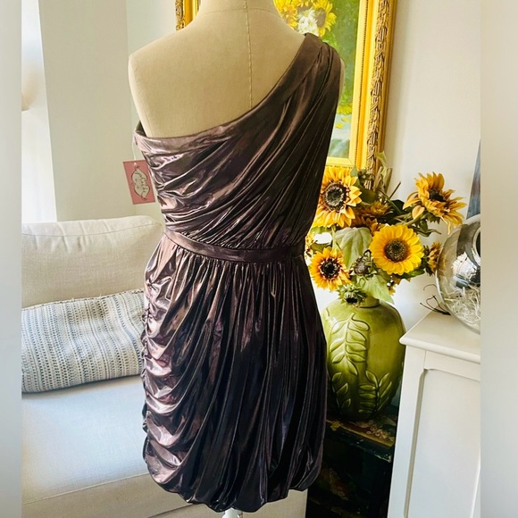 🎉Sale New Phoebe Couture Pink Metallic Sexy Grecian One Shoulder Shirred Dress - Picture 5 of 6